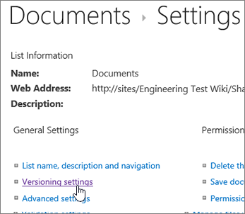 Library settings dialog with Versioning selected.